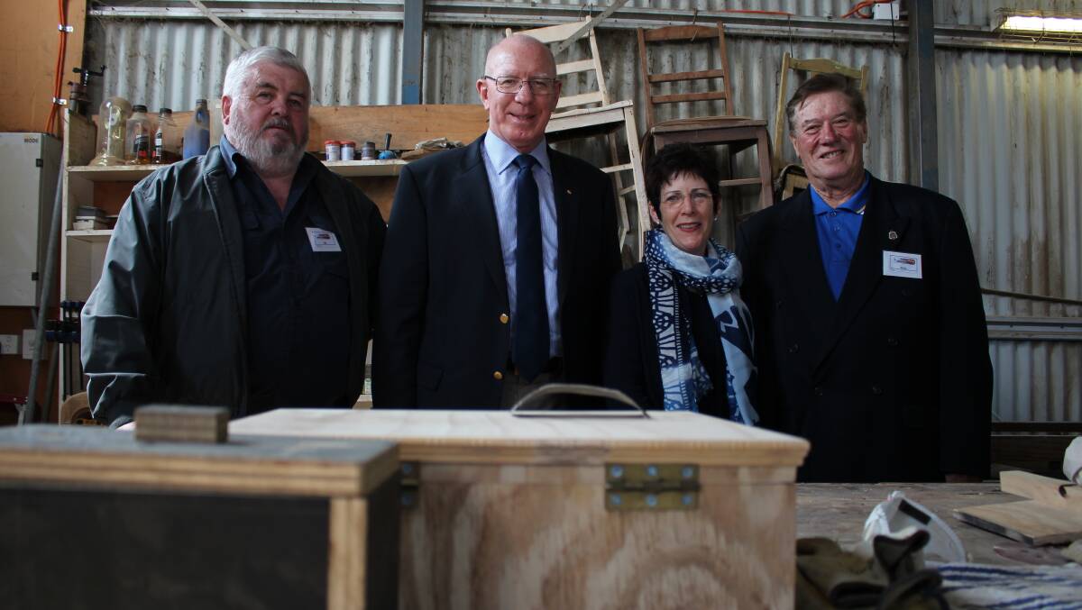 IN THE SHED: Founding members Bill Richardson and Kerry Phelan with Governor David Hurley and Linda Hurley. Picture: Emma Horn