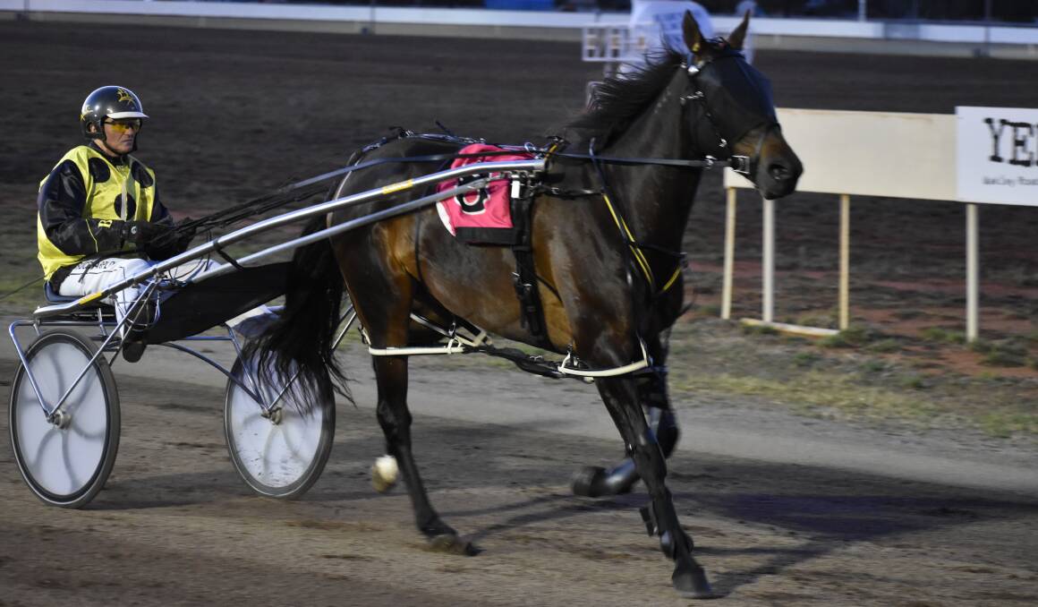 IN THE MONEY: Junee trainer-driver Bruce Harpley won the Griffith Pacers Cup with Rubies For Tash on Saturday night. Picture: Shaun Paterson