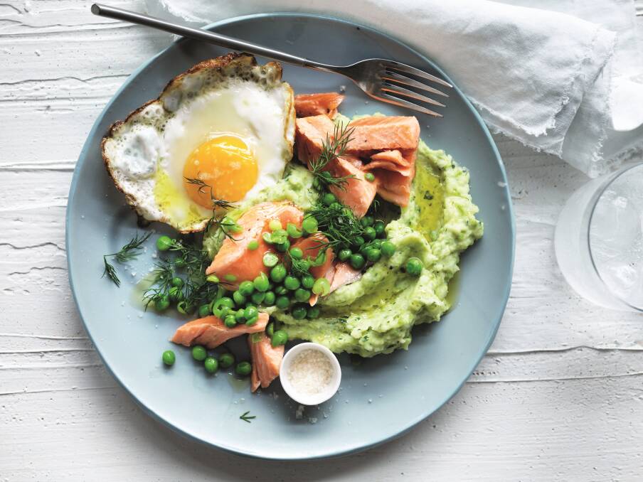 Ocean trout with green mash, peas and a fried egg. Picture: William Meppem 