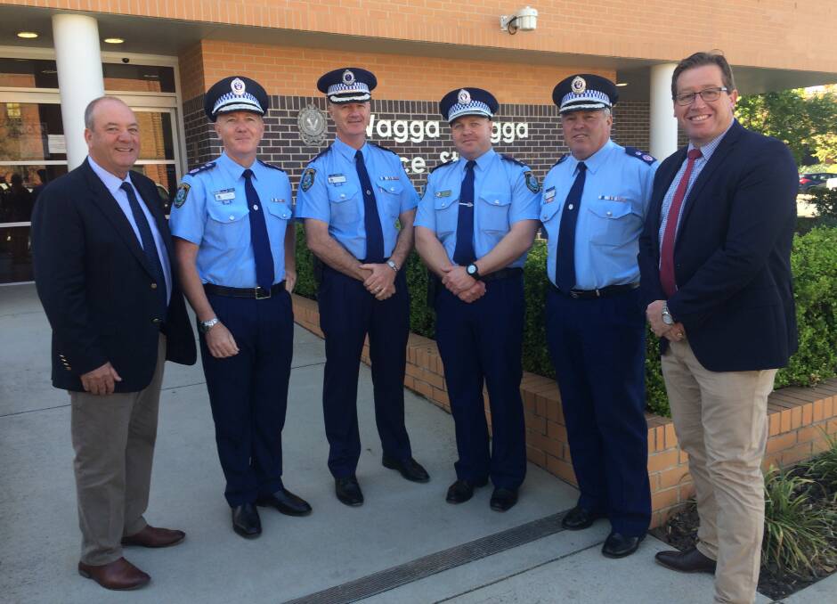 RE-ENGINEERS: Wagga MP Daryl Maguire with NSW Top Brass (from left) Police Commissioner Mick Fuller, Southern Region Commander Assistant Commissioner Peter Barrie, Wagga Superintendent Bob Noble, Deputy Commissioner Gary Worboys and NSW Police Minister Troy Grant, in October. Picture: Marguerite McKinnon
