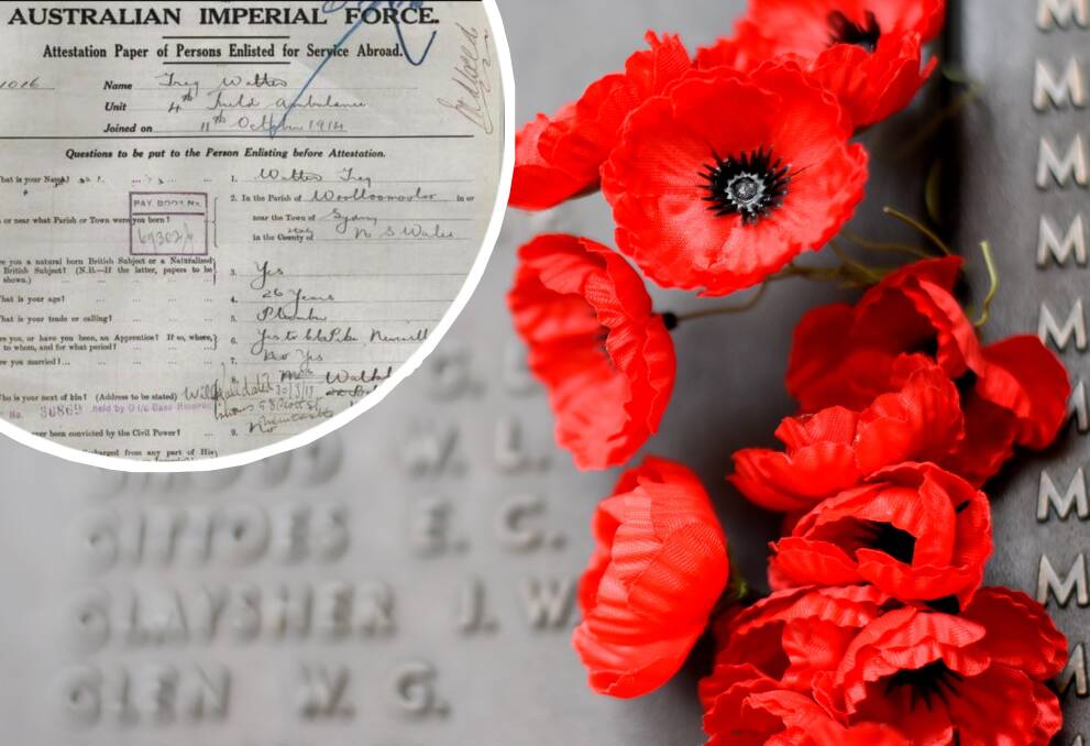 Walter Greg's enlistment papers show that he was just 26 years old when he joined the war effort . Picture: Shutterstock/Inset: Kayla Osborne