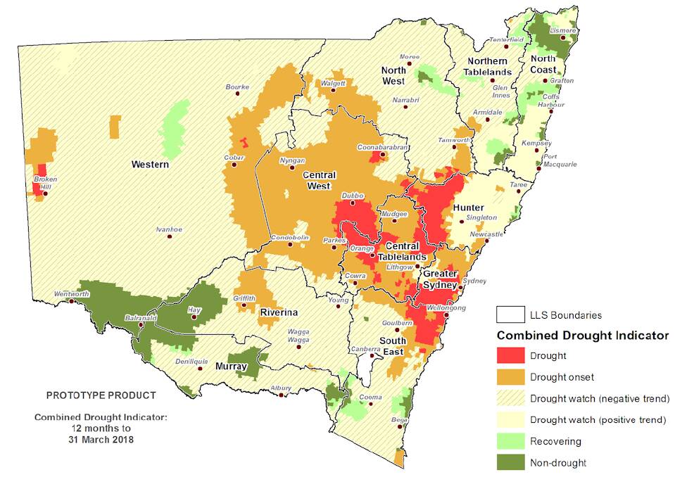 The Riverina is classified as either in the ‘drought onset’ or the ‘drought watch, negative trend,’ stage. Image: NSW Department of Industries 
