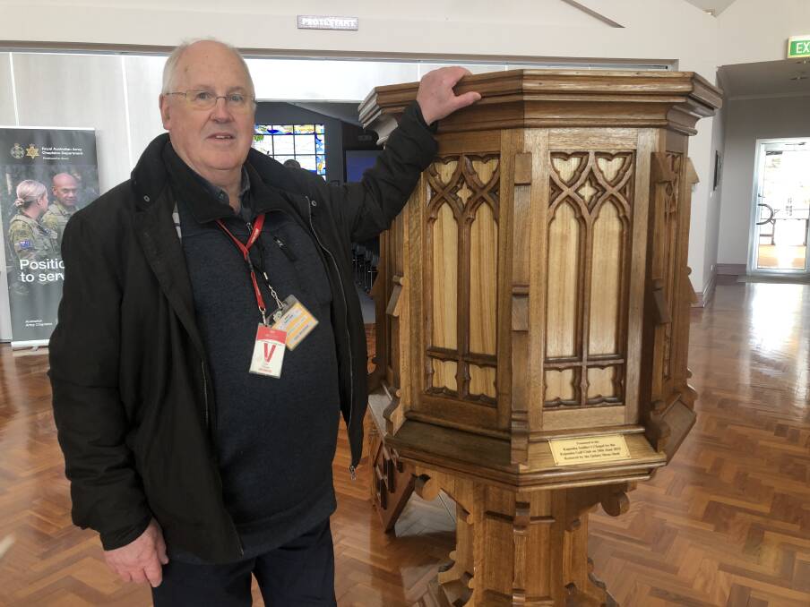 Ged Madden, treasurer of the Uranquinty Men's Shed, is porud of the completed piece. 