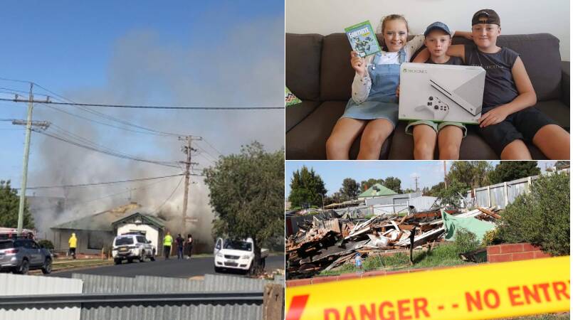 LEFT: Smoke from fire rise. Picture: Brian Riddell TOP RIGHT: The Carlin children with a new Xbox. BOTTOM RIGHT: The rubble left after the house was knocked down. Picture: Emma Hillier 