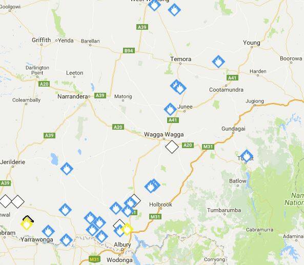 A snapshot of the fires across the region from the NSW Rural Fire Service website at 2pm.