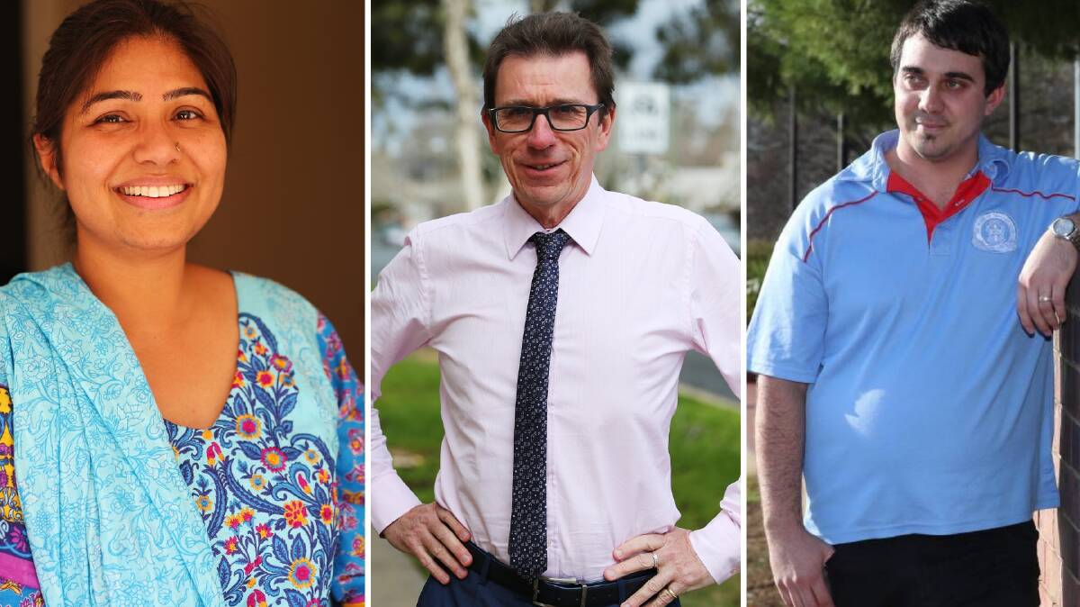 Wagga parents Dr Saba Nabi and Cameron Abood (R) and Wagga MP Dr Joe McGirr weigh into whether parents should supply tissues, soap and whiteboard markers. 