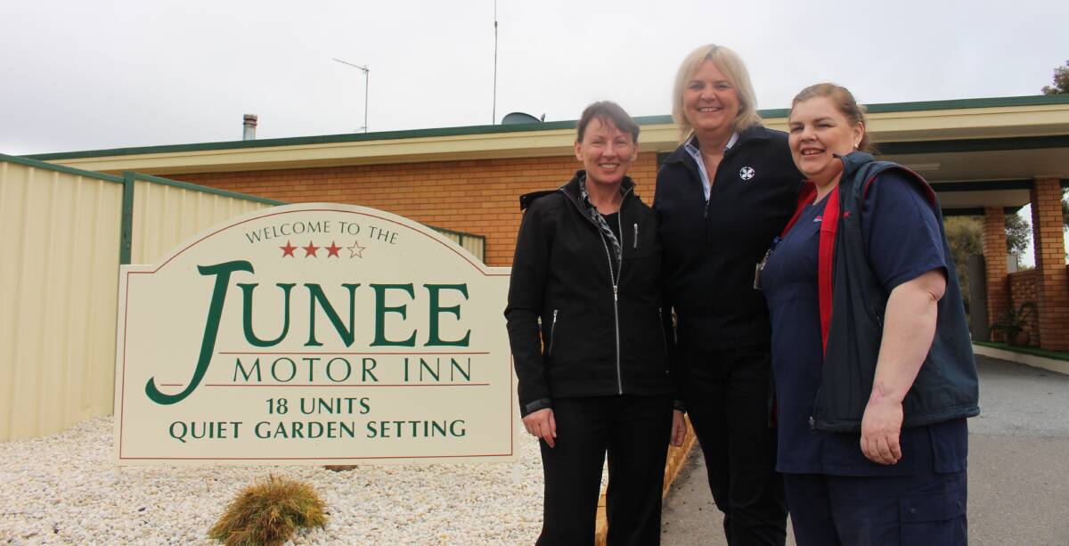 Melissa Noble, nurse manager from Junee Multi Purpose Service (MPS) with manager of the Junee Motor Inn, Sabina Wunsch and Natalie Ellis, clinical nurse educator. Picture: Madeleine Clarke 