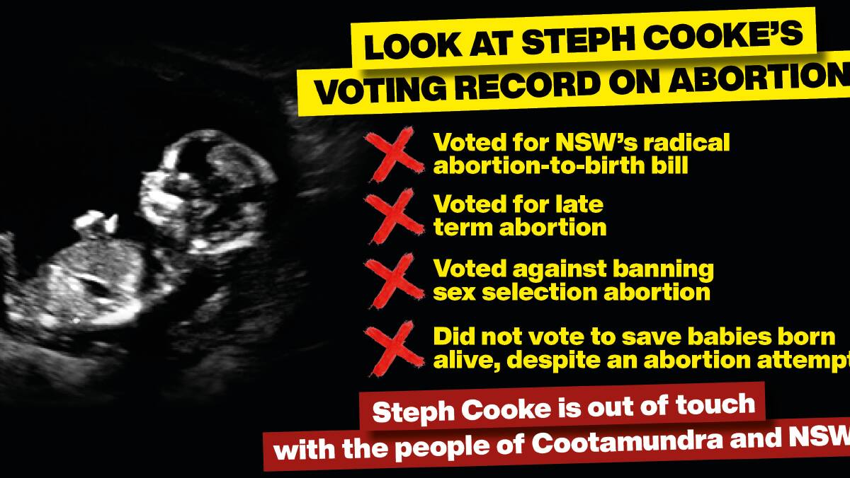 An Australian Christian Lobby distributed in the Cootamundra electorate attacking Nationals MP Steph Cooke over her vote to decriminalise abortion.