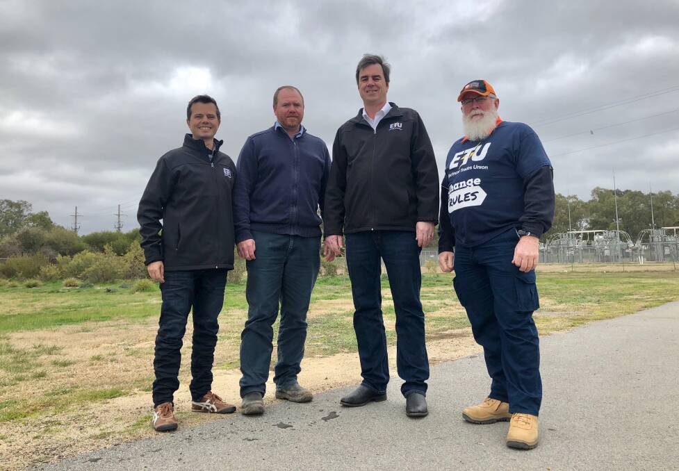 CALLING FOR CHANGES: ETU NSW members George Houssos, Hamish Wheatley, Dave McKinley and Steve McLean in Wagga to kickstart the 'Change the Rules' campaign. Picture: Toby Vue