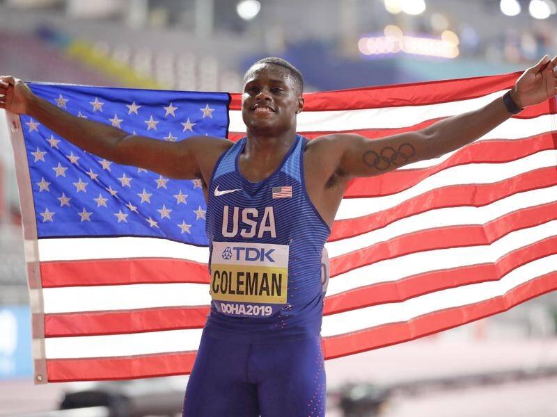 Christian Coleman, seen here celebrating his world 100m title, is challenging his two-year ban.