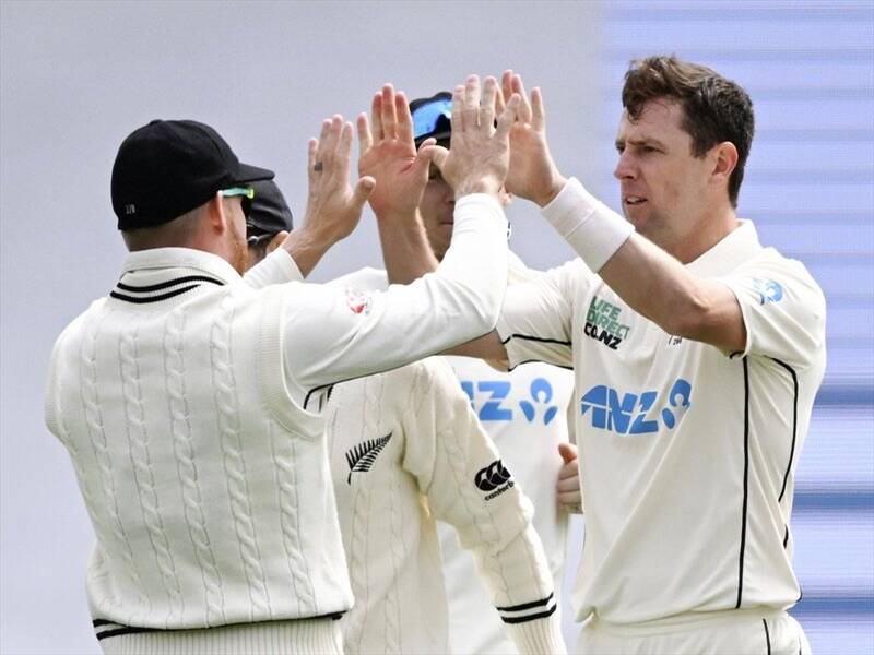 New Zealand's Matt Henry (right) celebrates taking the wicket of Steve Smith for 31 in Wellington. (AP PHOTO)