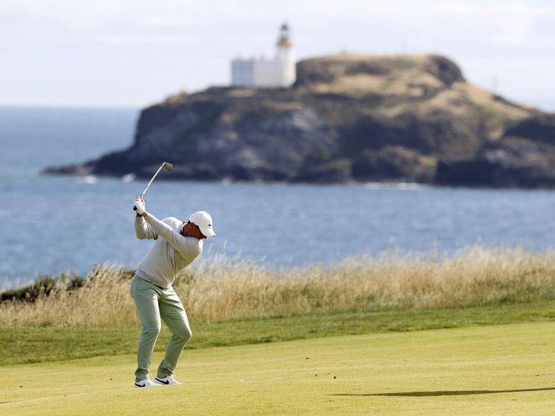 Rory McIlroy on the fairway in North Berwick, Scotland, where he leads the Scottish Open at halfway. (AP PHOTO)
