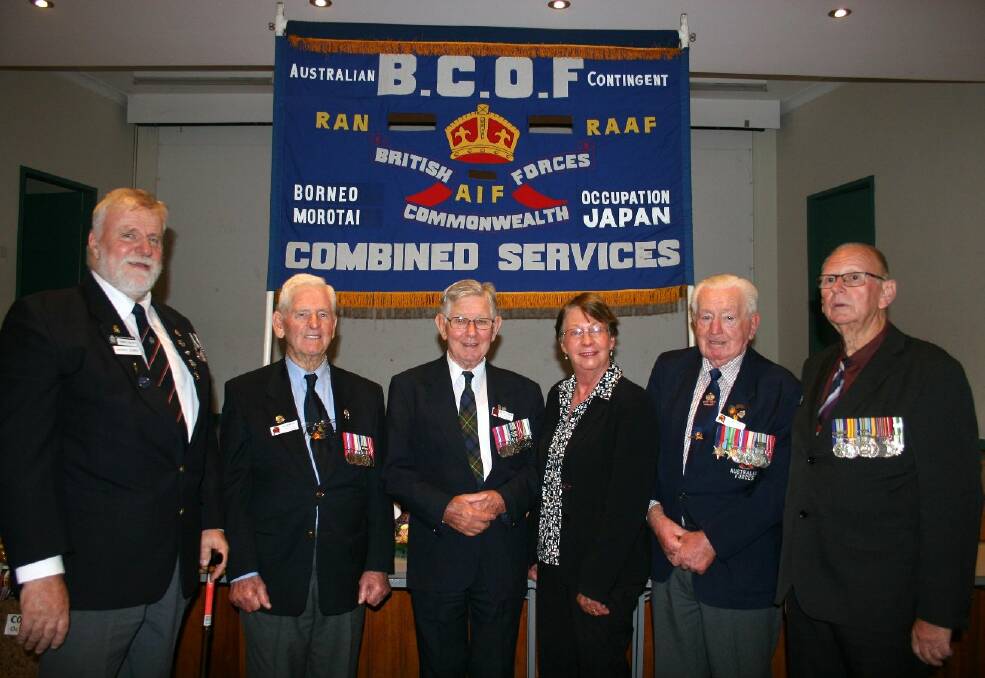 The British Commonwealth Occupation Forces (BCOF) held a reunion in Junee honouring it friends and comrades, who died during and since the occupation of Japan. Marking the occasion were Junee RSL sub-branch president Derek Lewis (left), BCOF executive committee chairman Max Burgess, national secretary Jim Patterson, mayor Lola Cummins, BCOF national president Jack Oborne and Junee RSL sub-branch secretary John Curtis. Picture: Declan Rurenga