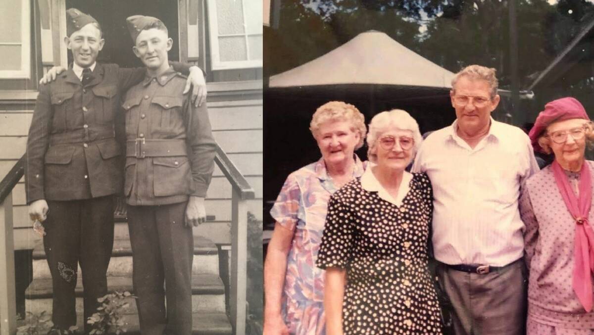 TIMES GONE BY: Brothers Jack and Kevin Cummins leave home before serving in WW2 (left). Right: The Cummins siblings and Blanche Heffernan.