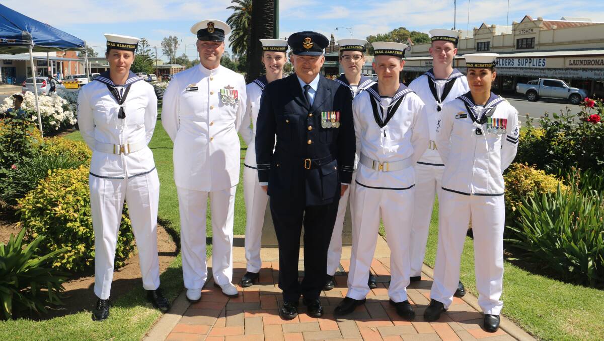 CATAFULQUE PARTY: Aly Oliver, Stweart Edwards, Sarah Knowels, Squadron Leader Peter Hogarth, Lara Albertani, Jayden Williams, Caleb Robert and Juanita White represent the Navy at Junee Remembrance Day. Picture: Jessica McLaughlin