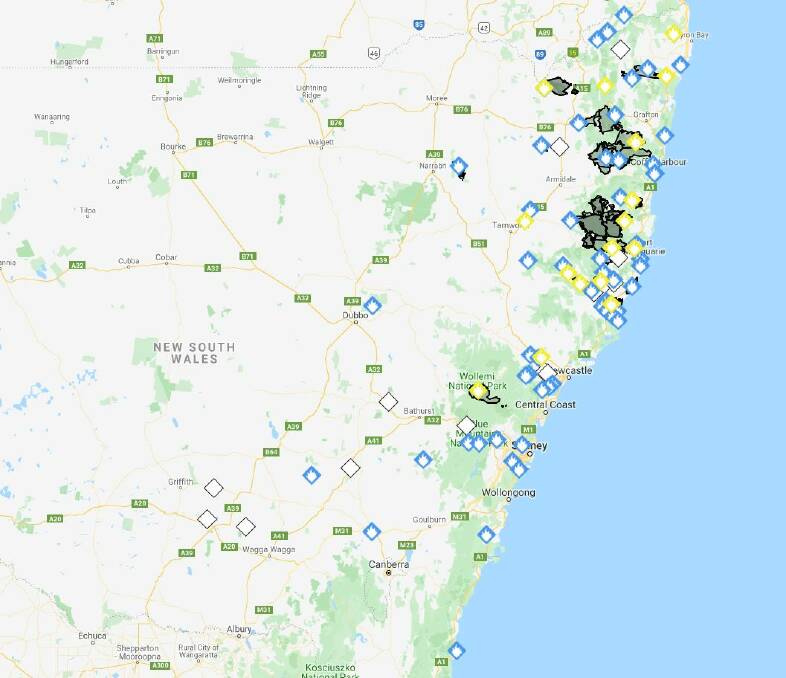Current state of fires across the country's East Coast as of Wednesday afternoon.
