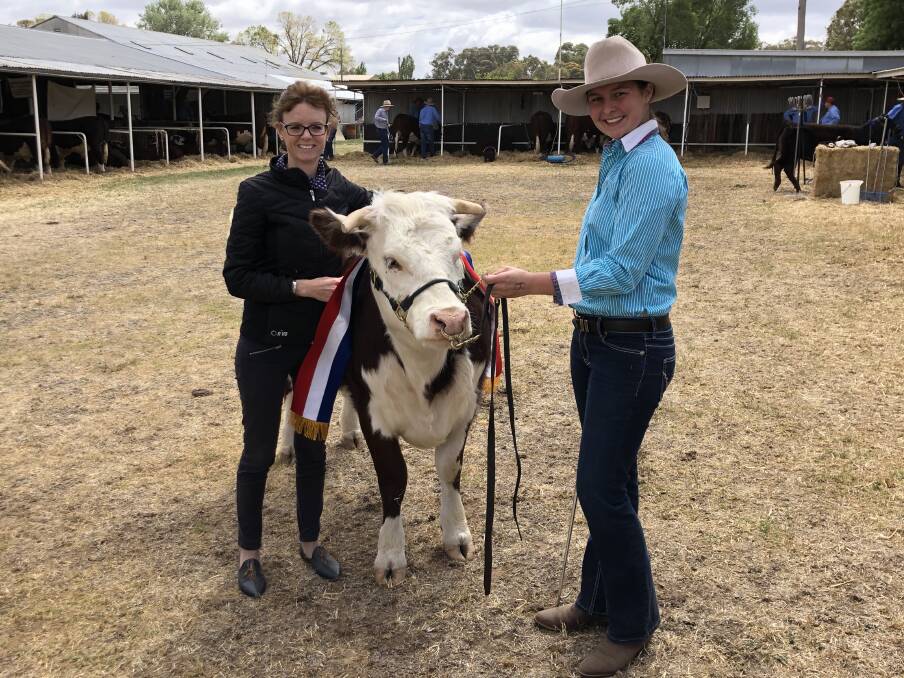 COUNTRY SPIRIT: Steph Cooke joins Steph Davies from Grenfell during the town's cow showing competition. Picture: Contributed