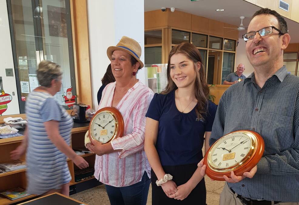 CELEBRATIONS: Margaret Kanaley and and Matthew Glass enjoy the joint celebration to farewell school based trainee, Kiara Longmore. Picture: Contributed