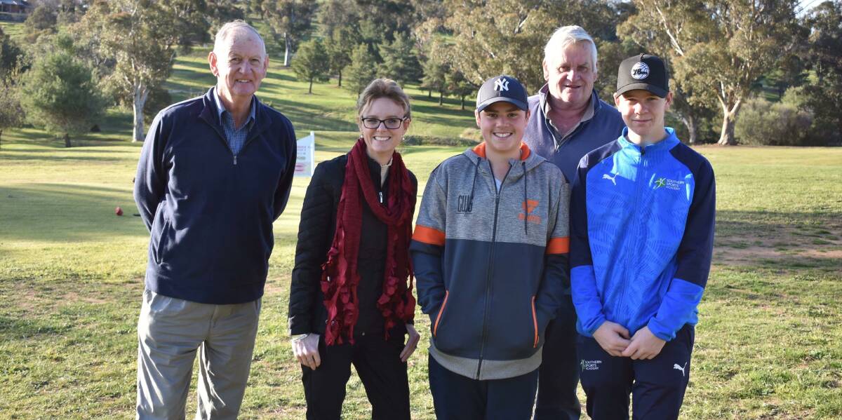 ON THE GREEN: Michael Glass, Steph Cooke, Bailey Willis, Brian Poole and Jamie Whiles at the Junior Golf Day. Picture: Contributed