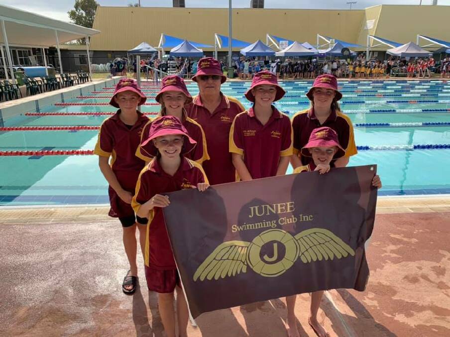POOLSIDE: Noel Poynter and the Junee Swim Team get ready to march on Day 2 of the SISA Championships and Speedo Sprint. Picture: Contributed