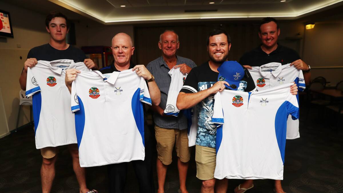 CHALLENGE ACCEPTED: Samuel Smith, Jason Ferrario, Ian Cooper, Trent Charlton and Isaac Cooper exchange shirts in preparation for the Hedditch Cup. Picture: Emma Hillier