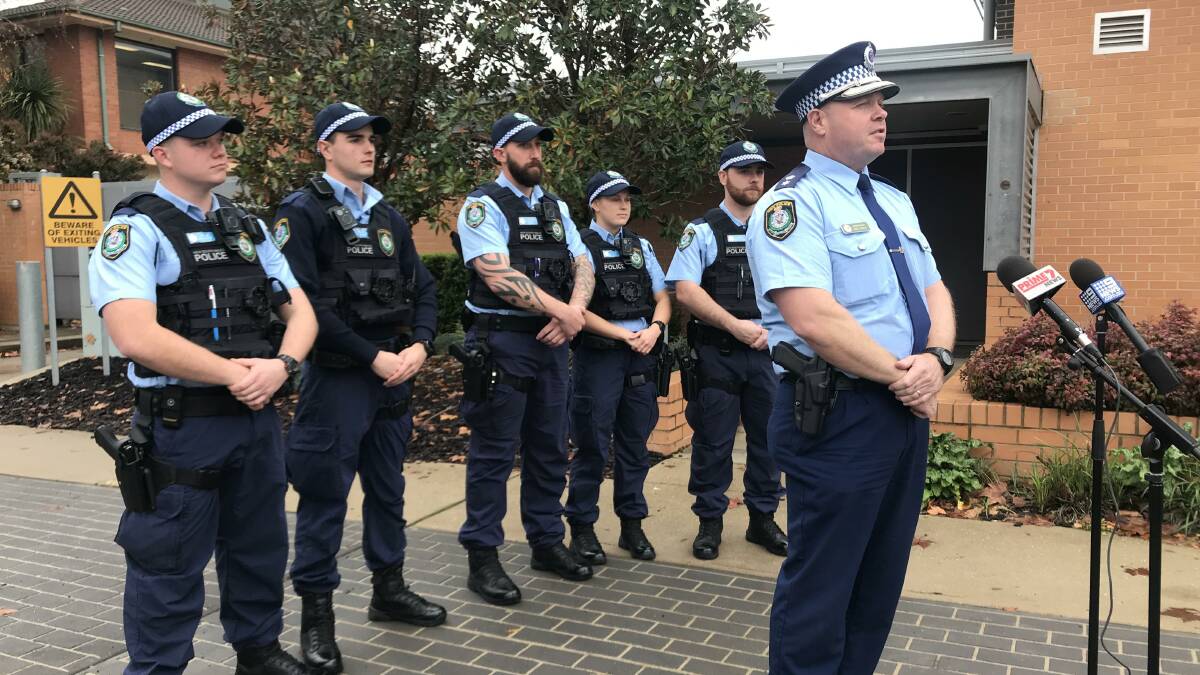 Superintendent Bob Noble welcomes the five new probationary constables to the Riverina Police District. Picture: Jessica McLaughlin