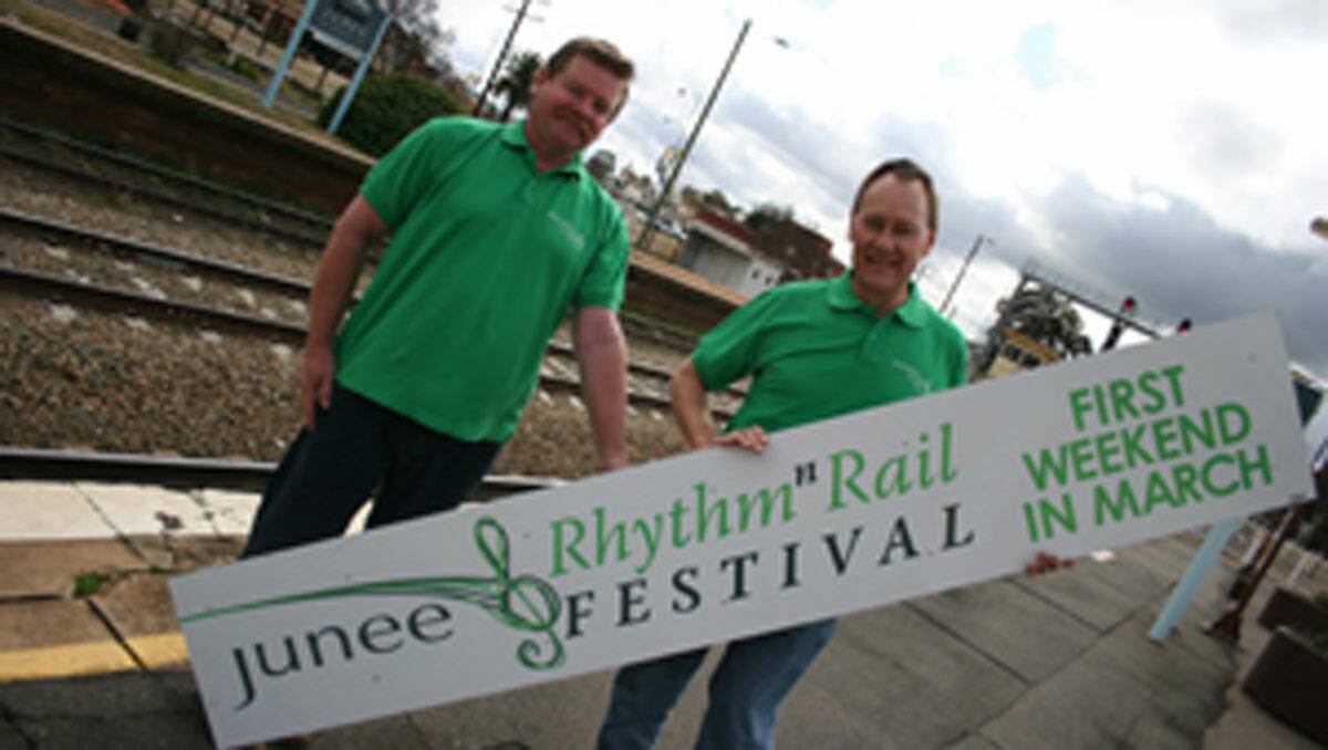 SIGN POST TO 2013: The Rhythm ‘n’ Rail Festival committee members Bob Callow and Neil Smith are putting the call out for locals to get involved with planning for the 2013 event on August 9. Picture: Declan Rurenga 